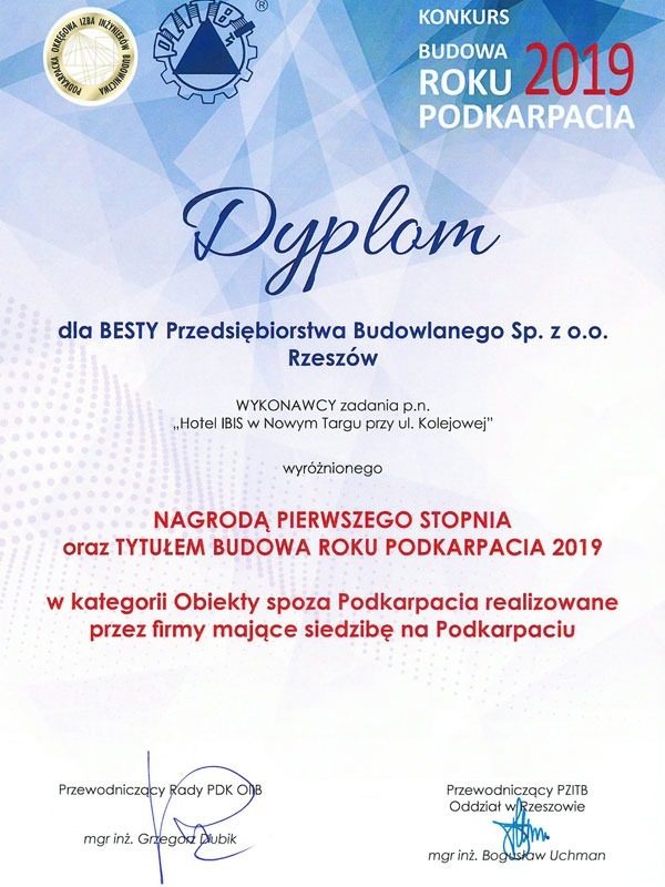 Hotel IBIS w Nowym Targu przy ulicy Kolejowej - dyplom
